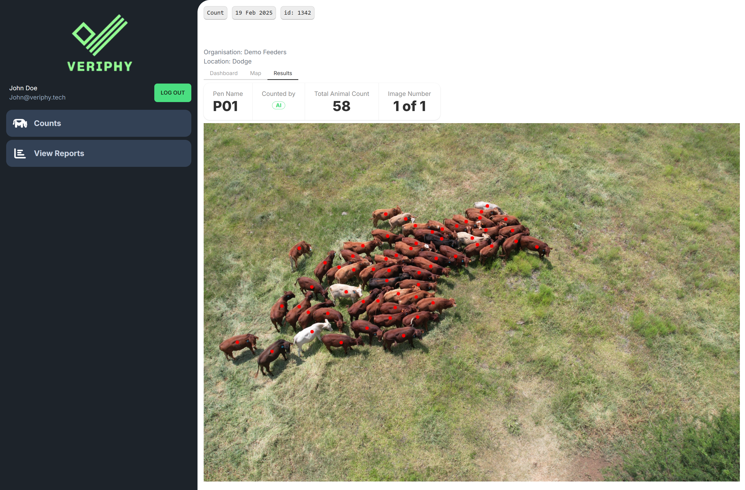 Veriphy dashboard showing livestock counting and verification